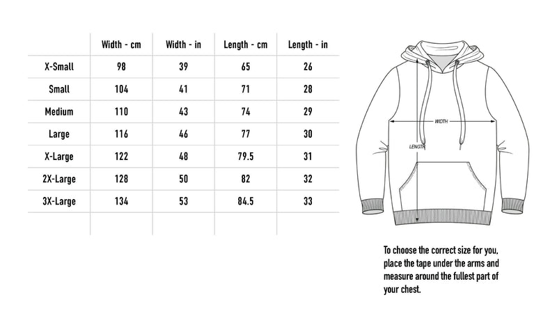 Size chart for Devil Hoodie - Black